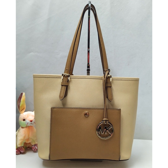 Michael Kors Jet Set Beige Leather Double Handles Tote Shoulder Bag - Picture 1 of 16